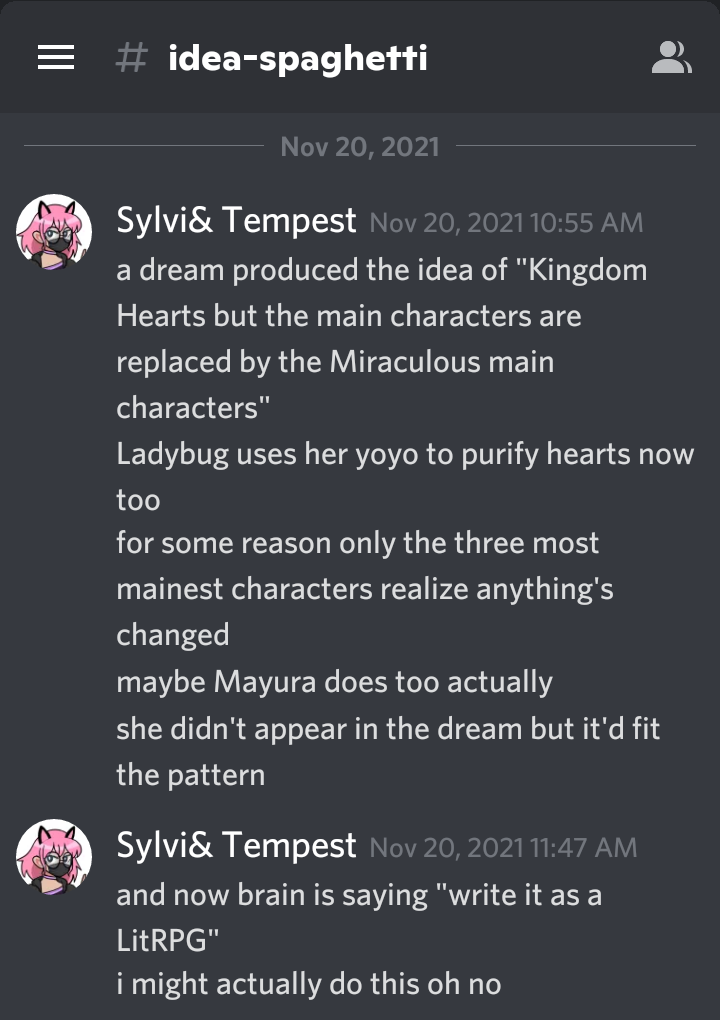 Discord screenshot from a channel named "idea spaghetti", detailing a dream-inspired idea for a Kingdom Hearts/Miraculous fusion fanfic.

