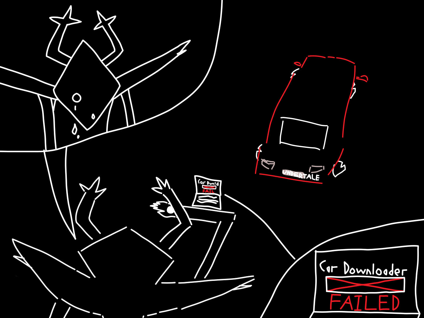 Roaring Knight fails at car downloading
A low effort drawing of the Roaring Knight failing to download Toriel's car because the tires are slashed. Part of the Car Downloader Knight AU.
Keywords: deltarune